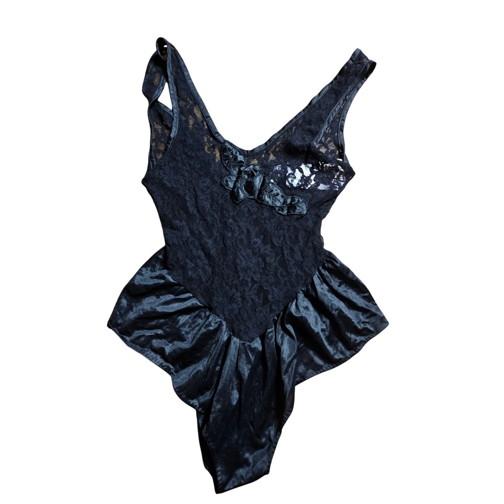 VTG 80s Gloria Vanderbilt Black Lace Teddy Satin Ruffle Lingerie Bodysuit M NWT